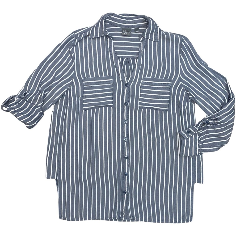 Soho NY&C Striped Roll Tab Sleeve Button Down Shirt Medium V Neck Casual Comfy
